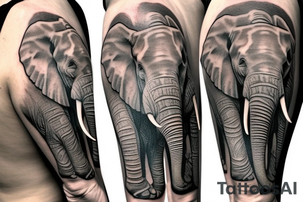 On the right arm an African savanna tatto sleeve with the focal point being an elephant on the shoulder and other African animals down the rest of the arm with the animals being, giraffes, rhino's, hippos, cheaters and buffalo tattoo idea