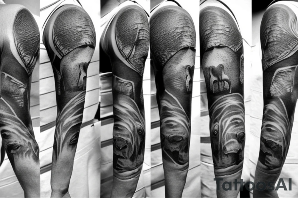 On the right arm an African savanna tatto sleeve with the focal point being an elephant on the shoulder and other African animals down the rest of the arm with the animals being, giraffes, rhino's, hippos, cheaters and buffalo tattoo idea
