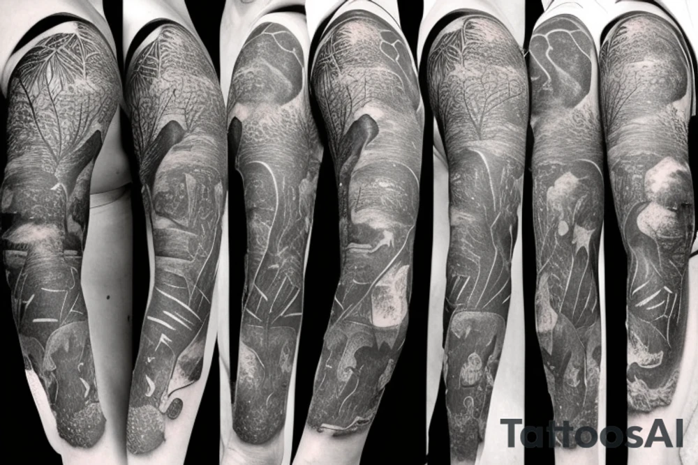 On the right arm an African savanna tatto sleeve with the focal point being an elephant on the shoulder and other African animals down the rest of the arm with the animals being, giraffes, rhino's, hippos, cheaters and buffalo tattoo idea