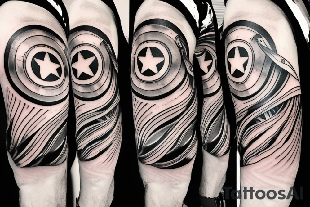 Half arm tattoo of Waves with Ironman helmet and captain america shield tattoo idea