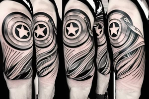 Half arm tattoo of Waves with Ironman helmet and captain america shield tattoo idea