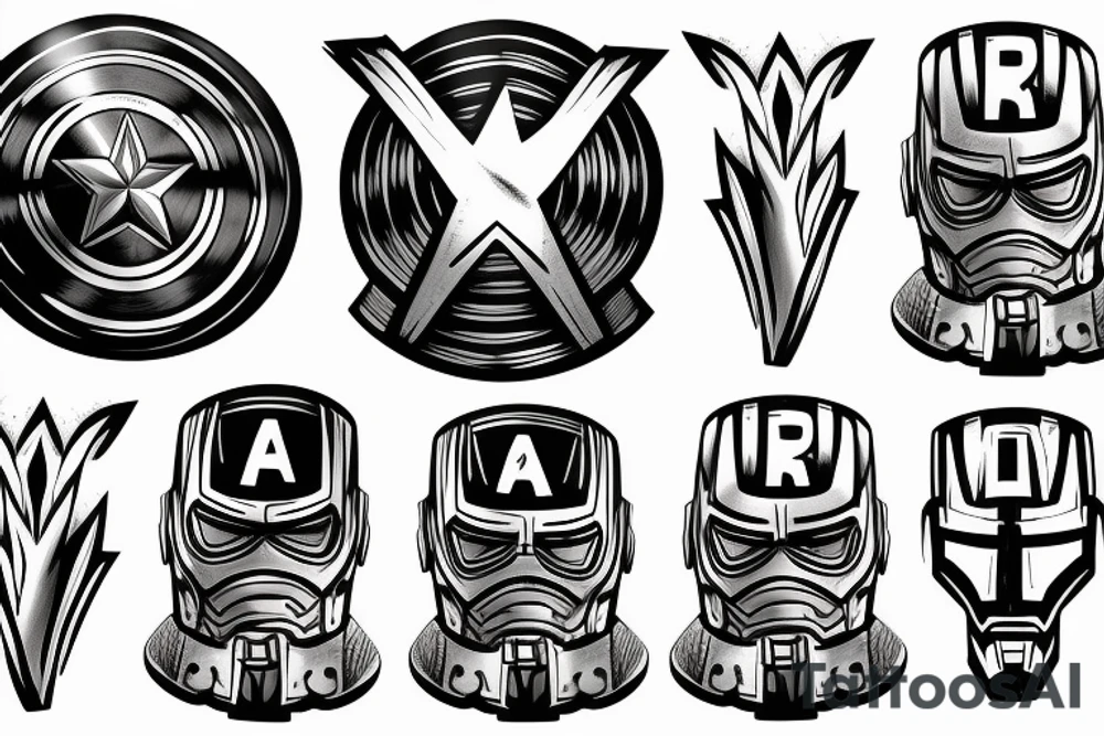 Half arm tattoo of Waves with Ironman helmet and captain america shield tattoo idea