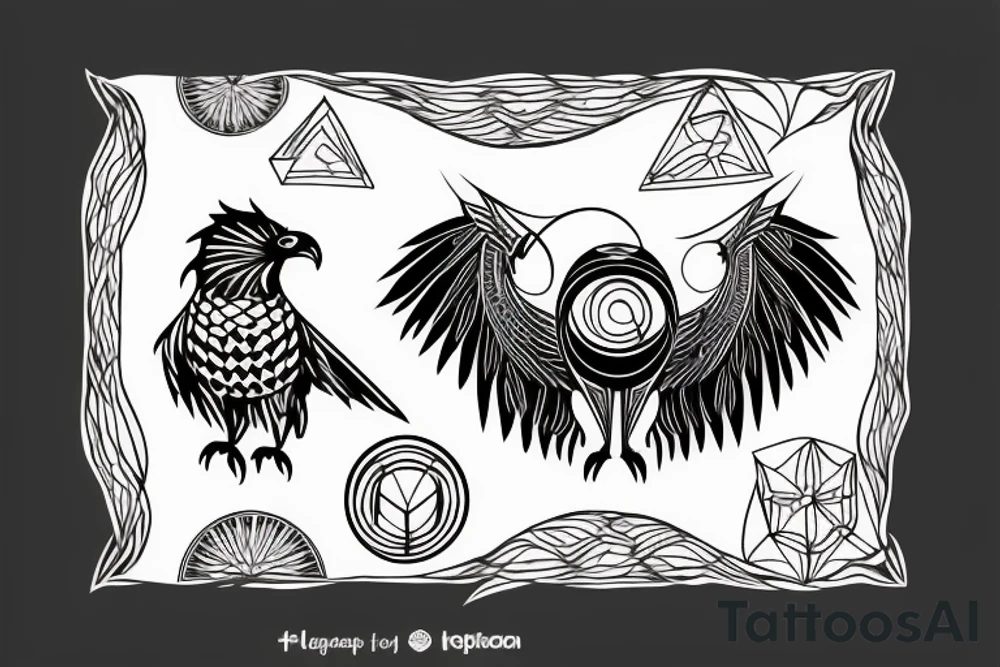 Three eyed raven with geometric patterns tattoo idea