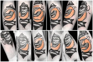 A communist peach wearing rings in a thunder storm tattoo idea