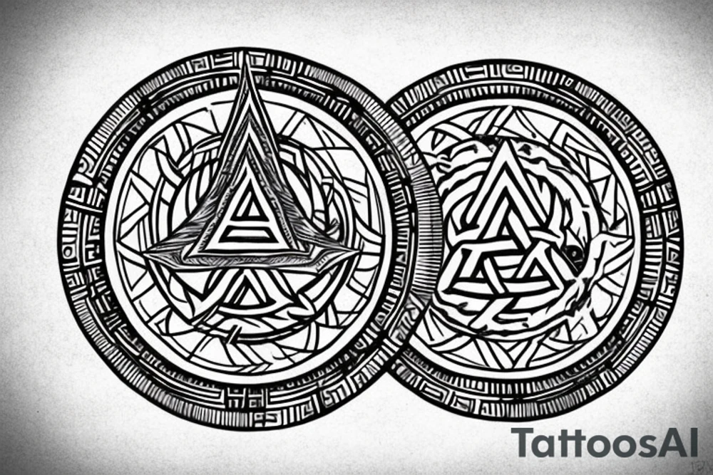 Valknut Tattoo in front of a Viking round shield tattoo idea