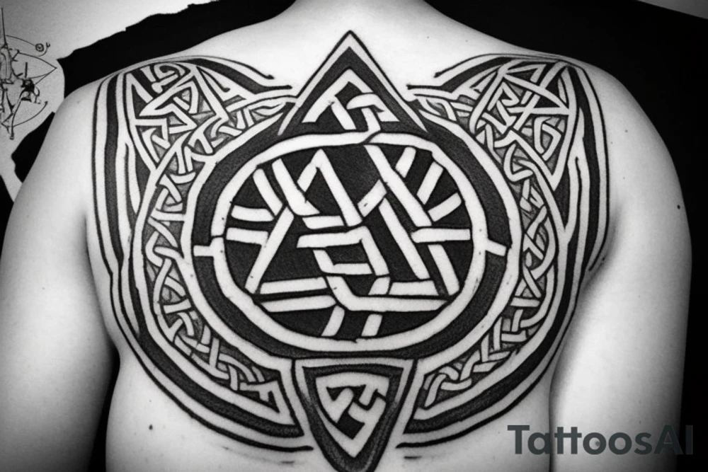 Valknut Tattoo in front of a Viking round shield . 

The shield mentioned above will have ruins that the inner outline of the shield.

The tattoo will be on the inner side of the arm tattoo idea
