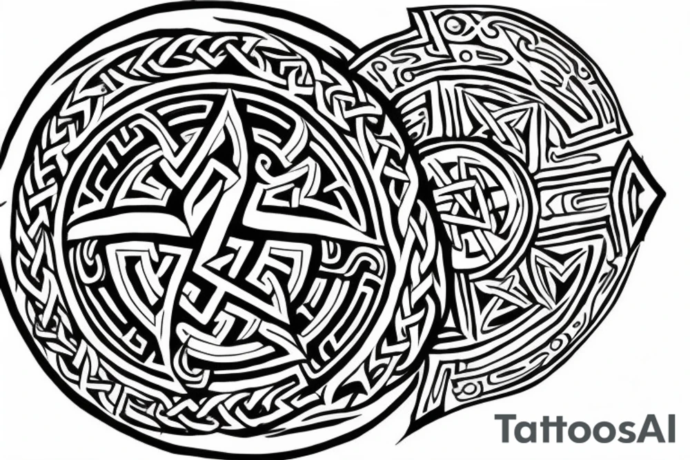 Valknut Tattoo in front of a Viking round shield . 

The shield mentioned above will have ruins that the inner outline of the shield.

The tattoo will be on the inner side of the arm tattoo idea