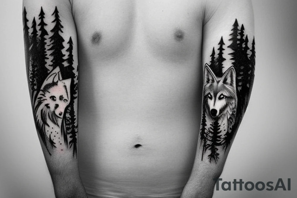wolf with a forest underneath tattoo idea