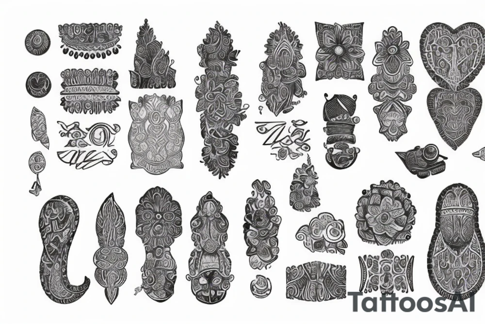 Anushka written in different languages and pattern tattoo idea