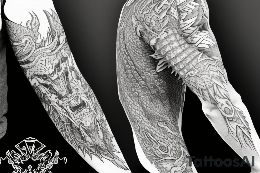 Full sleeve Dragon with geometric background tattoo idea
