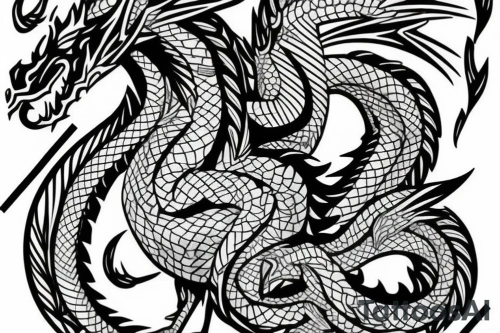 Full sleeve Dragon with geometric background tattoo idea