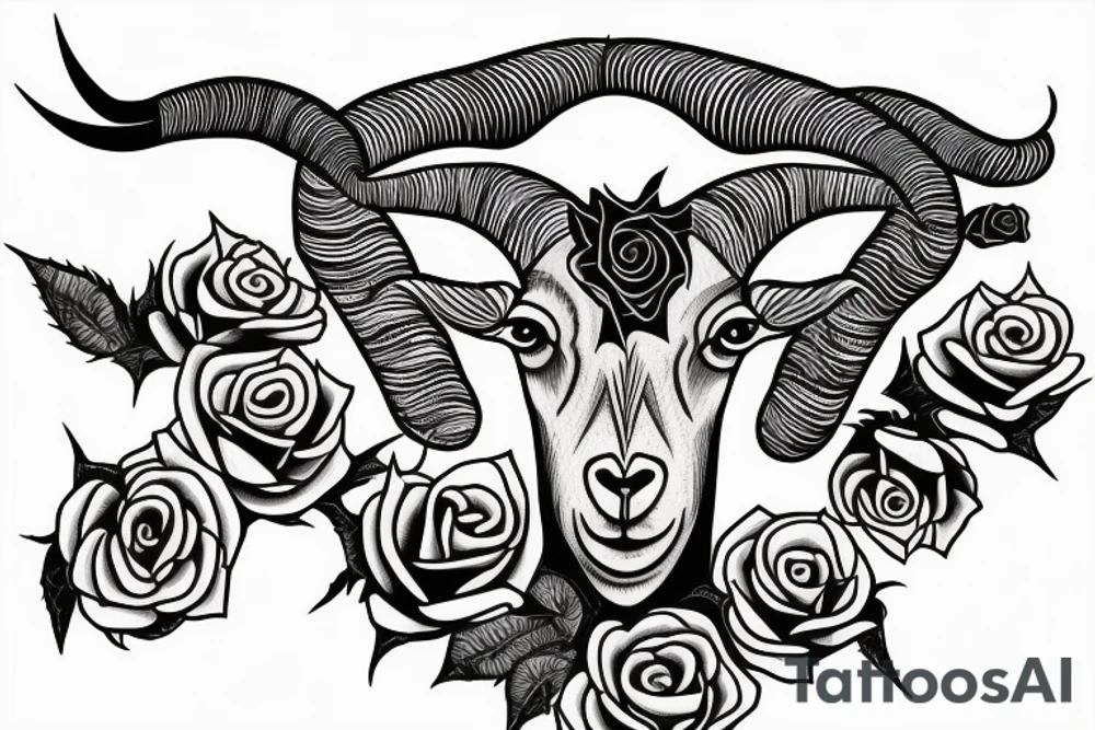 3 eyed Capricorn goat with shading and line work which blends seamlessly into roses thorns and text saying loyalty tattoo idea