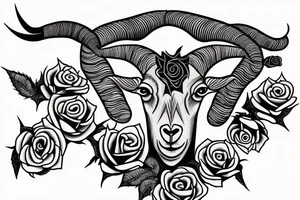 3 eyed Capricorn goat with shading and line work which blends seamlessly into roses thorns and text saying loyalty tattoo idea