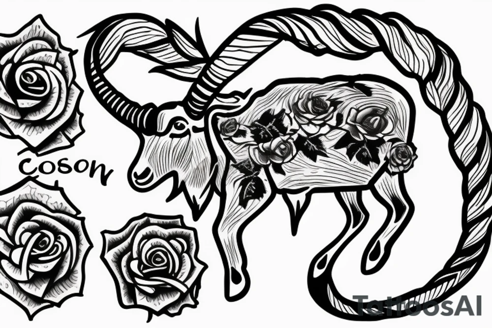 3 eyed Capricorn goat with shading and line work which blends seamlessly into roses thorns and text saying loyalty tattoo idea