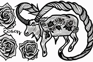 3 eyed Capricorn goat with shading and line work which blends seamlessly into roses thorns and text saying loyalty tattoo idea