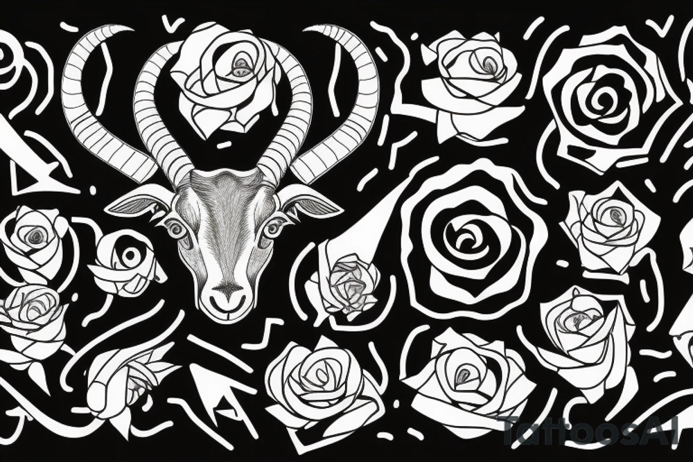 3 eyed Capricorn goat with shading and line work which blends seamlessly into roses thorns and text saying loyalty tattoo idea