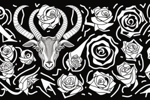 3 eyed Capricorn goat with shading and line work which blends seamlessly into roses thorns and text saying loyalty tattoo idea