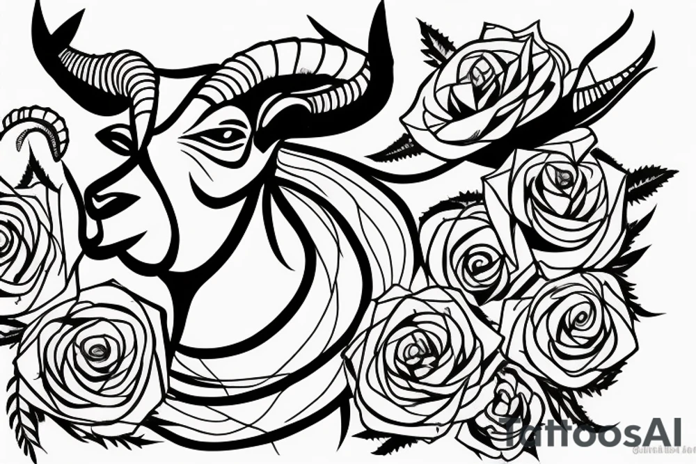 3 eyed Capricorn goat with shading and line work which blends seamlessly into roses thorns and text saying loyalty tattoo idea
