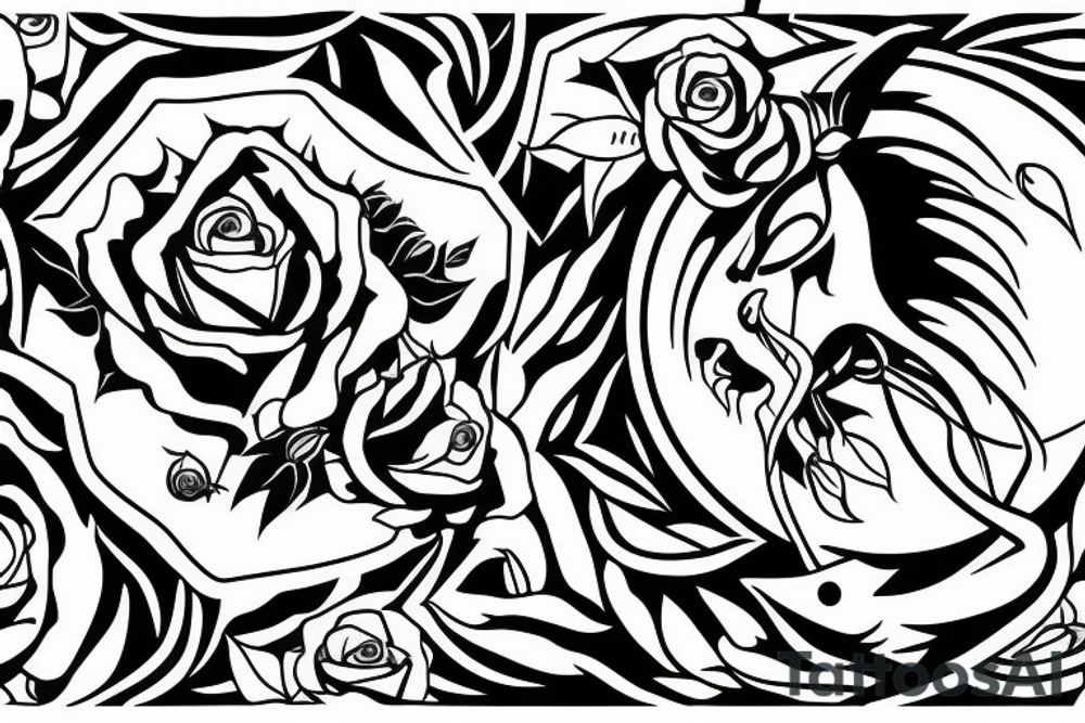 3 eyed Capricorn goat with shading and line work which blends seamlessly into roses thorns and text saying loyalty tattoo idea
