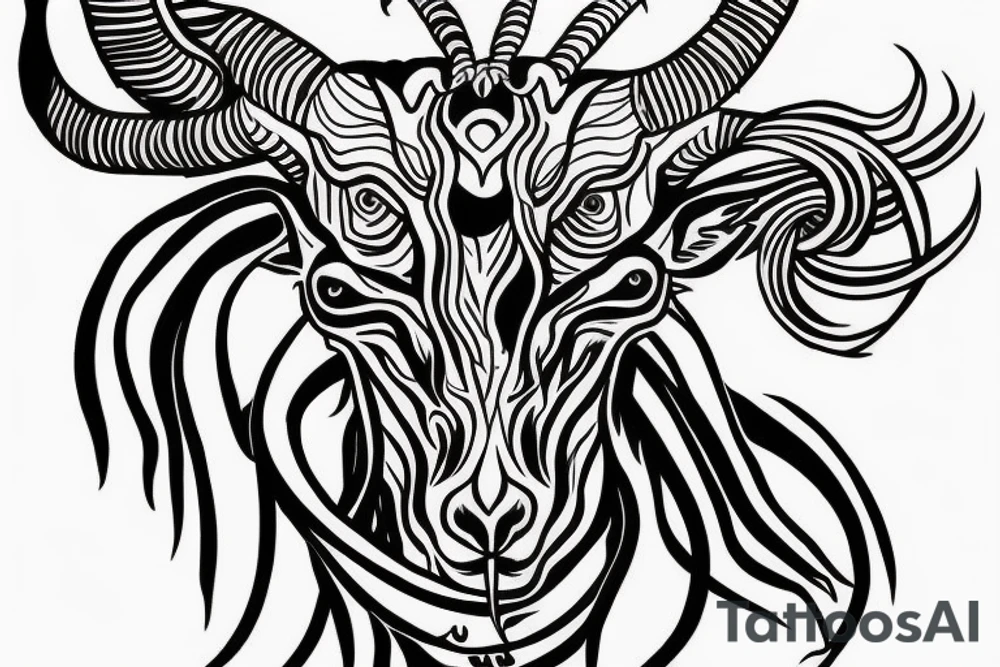 3 eyed Capricorn goat with shading and line work which blends seamlessly into roses thorns and text saying loyalty tattoo idea