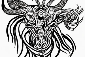 3 eyed Capricorn goat with shading and line work which blends seamlessly into roses thorns and text saying loyalty tattoo idea