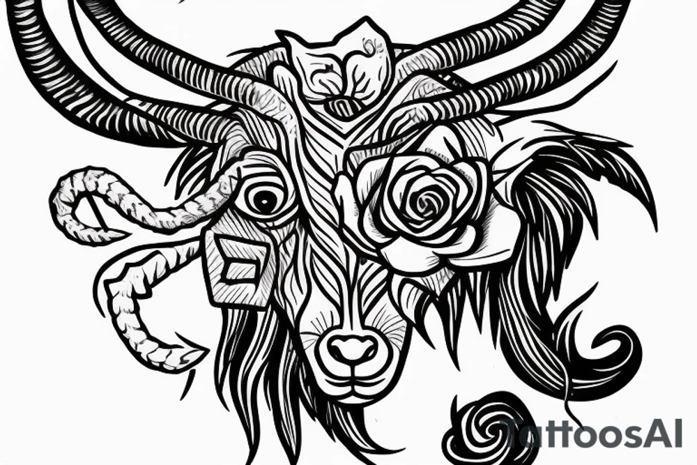 3 eyed Capricorn goat with shading and line work which blends seamlessly into roses thorns and text saying loyalty tattoo idea