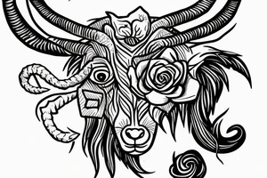 3 eyed Capricorn goat with shading and line work which blends seamlessly into roses thorns and text saying loyalty tattoo idea