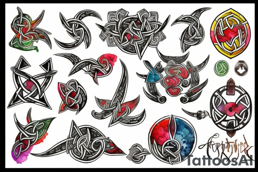 Colourful, botanical with vikings symbols tattoo idea