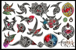 Colourful, botanical with vikings symbols tattoo idea