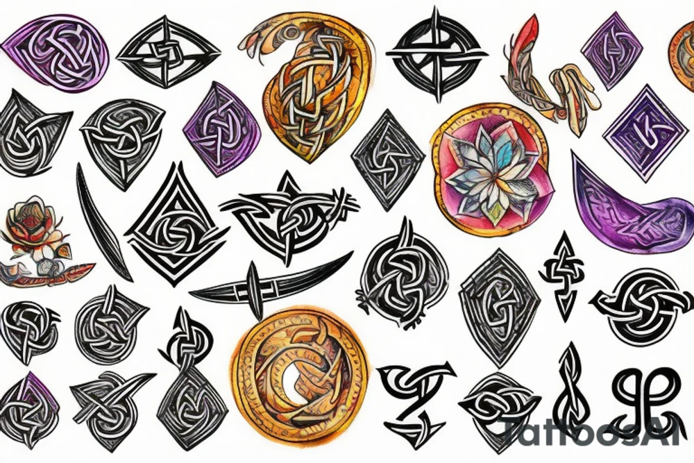 Colourful, botanical with vikings symbols tattoo idea