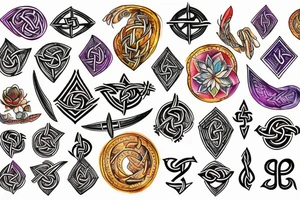 Colourful, botanical with vikings symbols tattoo idea