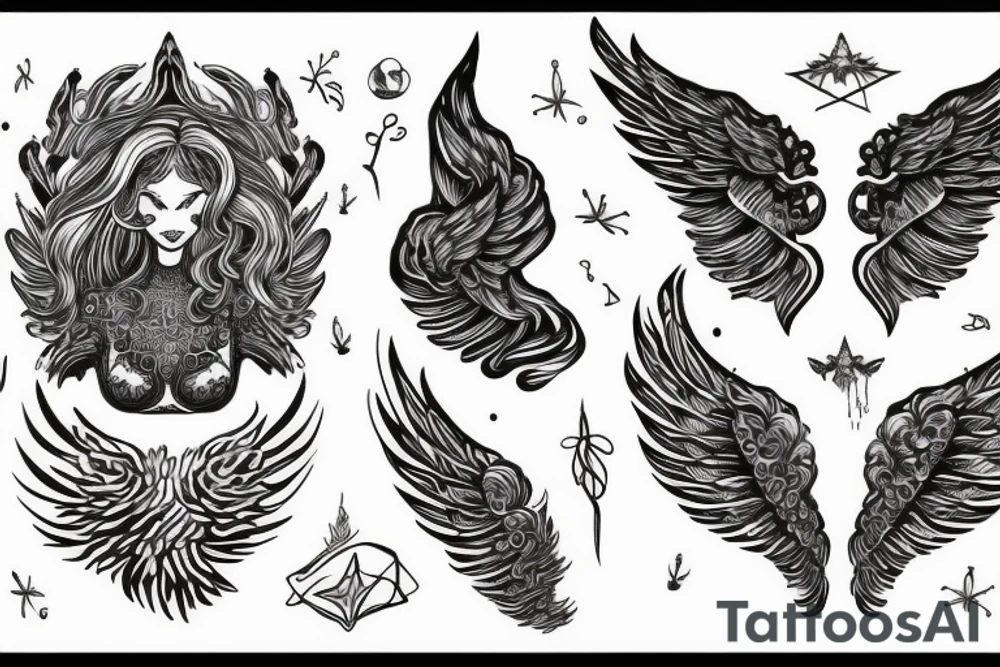Woman with dramatic wings and curly hair shaped like a tree head and torso shaped like space tattoo idea