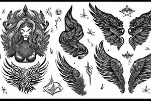Woman with dramatic wings and curly hair shaped like a tree head and torso shaped like space tattoo idea