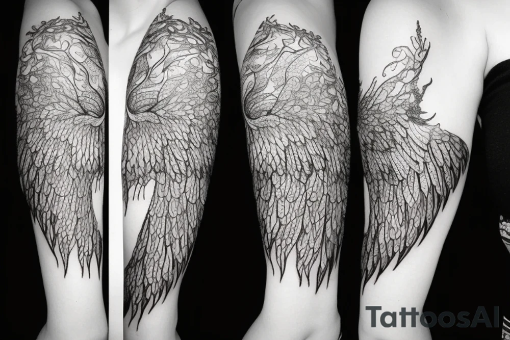 Woman with dramatic wings and curly hair shaped like a tree head and torso shaped like space tattoo idea