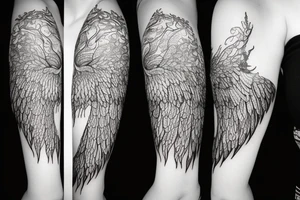 Woman with dramatic wings and curly hair shaped like a tree head and torso shaped like space tattoo idea