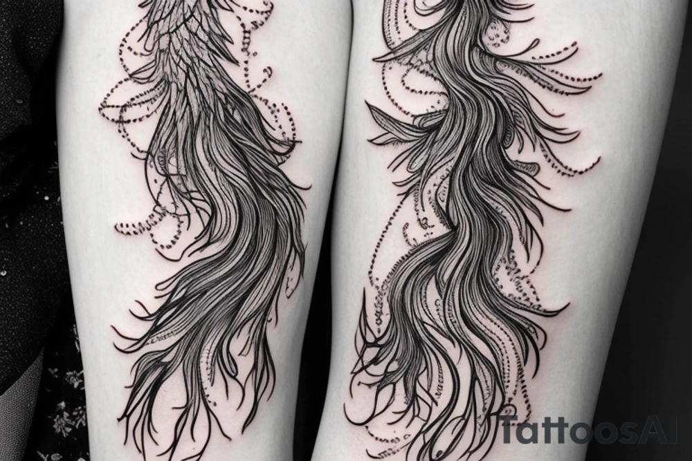 Woman has dramatic wings and curly long hair that is shaped like a dissolving tree head tattoo idea