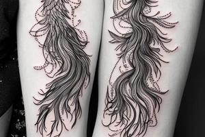 Woman has dramatic wings and curly long hair that is shaped like a dissolving tree head tattoo idea