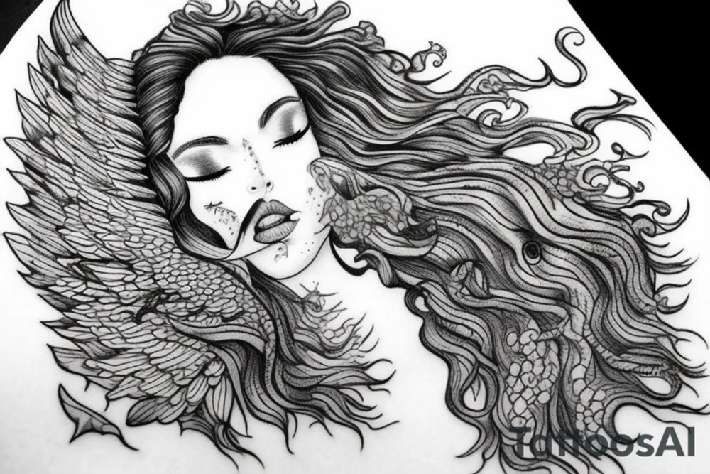 Woman has dramatic wings and curly long hair that is shaped like a dissolving tree head tattoo idea