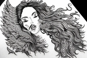 Woman has dramatic wings and curly long hair that is shaped like a dissolving tree head tattoo idea