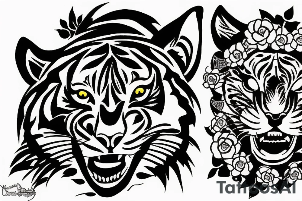 Tiger head side with flowers tattoo idea