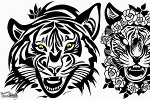 Tiger head side with flowers tattoo idea
