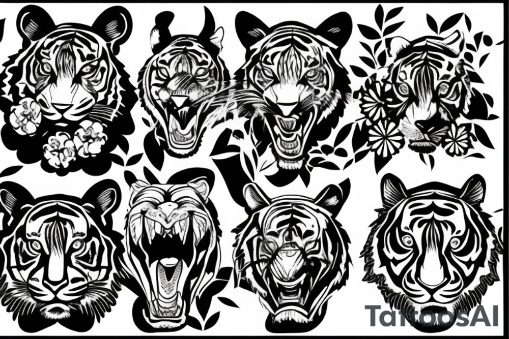 Tiger head side with flowers tattoo idea
