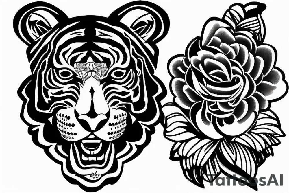 Tiger head side with flowers tattoo idea