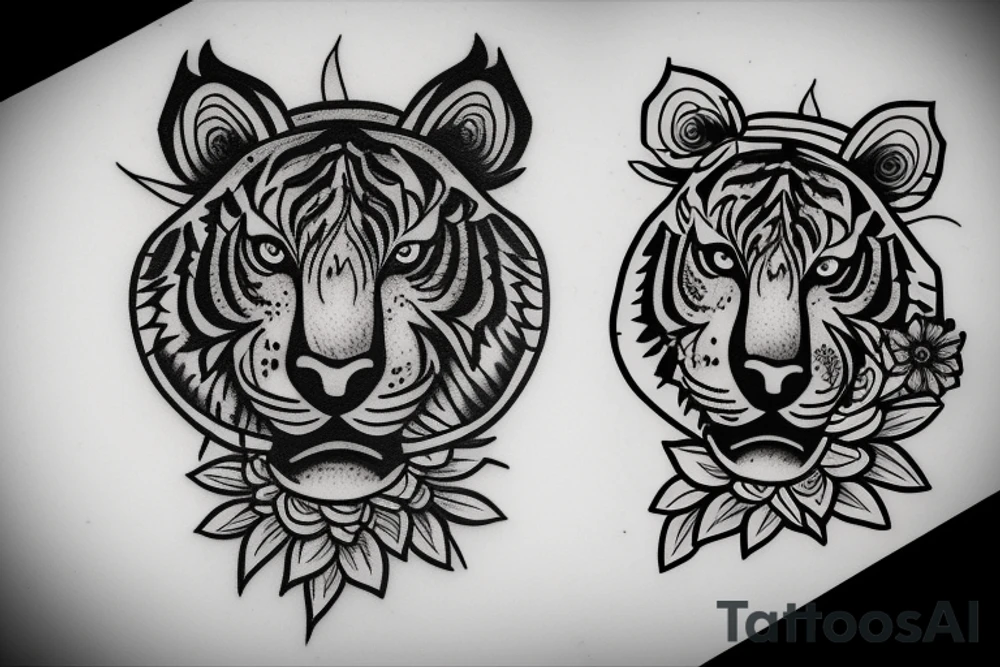 Tiger head side with flowers tattoo idea