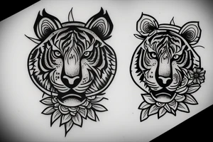 Tiger head side with flowers tattoo idea