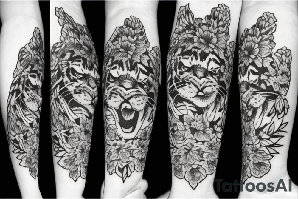 Tiger head side with flowers tattoo idea