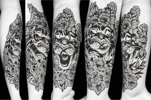 Tiger head side with flowers tattoo idea