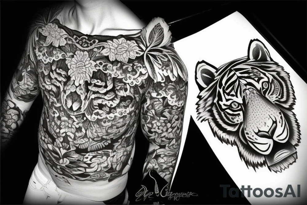 Tiger head side with flowers tattoo idea