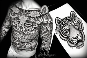 Tiger head side with flowers tattoo idea