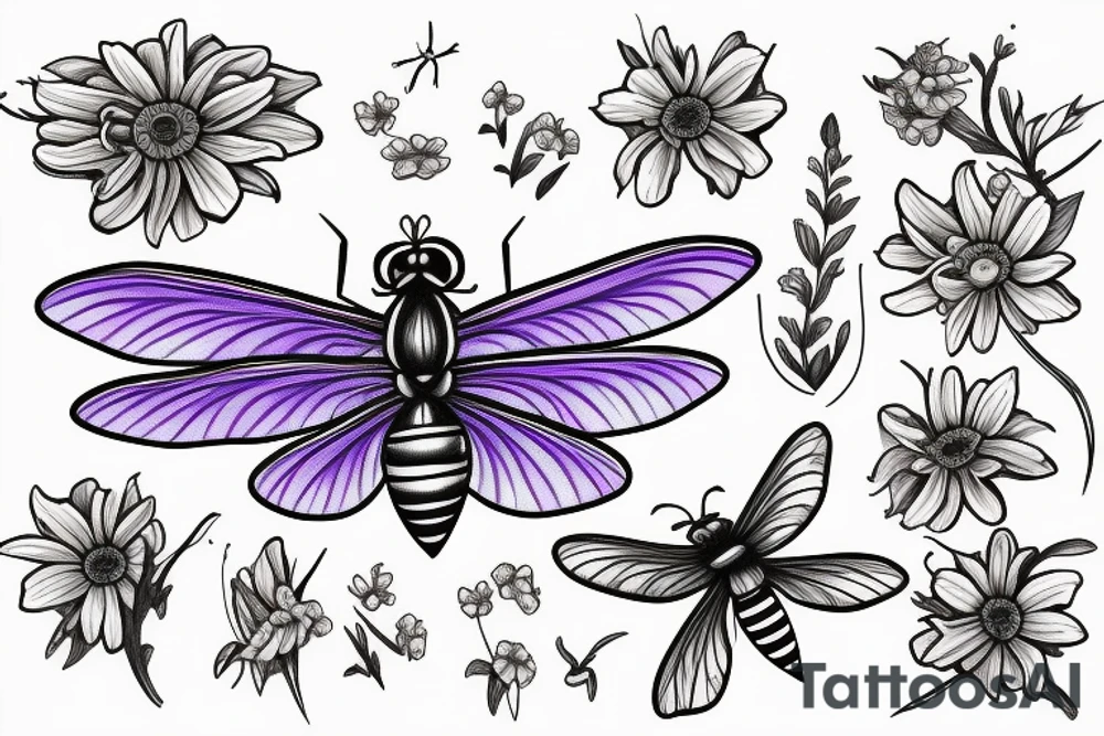 Dragon fly, bee, lilac, daisy tattoo idea